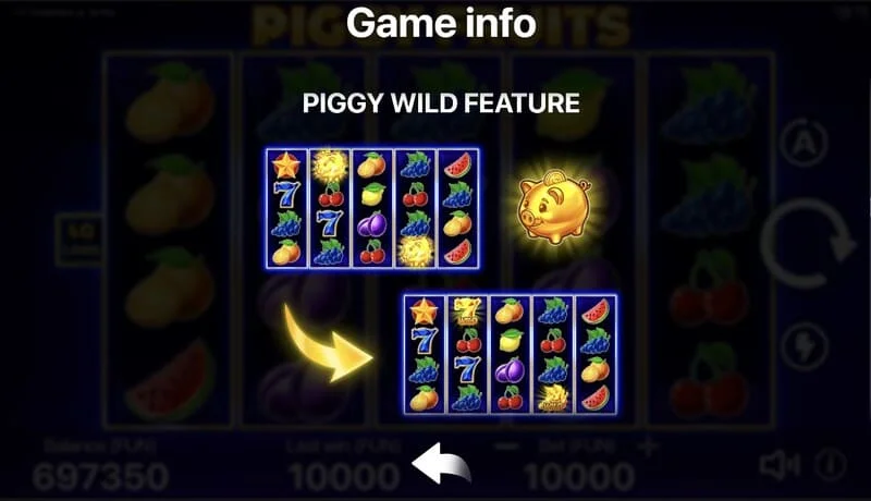 Piggy Fruits – ekran gry z siatką 5x4 i symbolami owocowymi